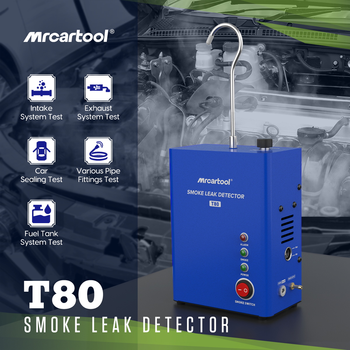 Smoke Leak Detector - เครื่องตรวจจับการรั่วไหลของควันในรถยนต์ MR CARTOOL รุ่น T80 เครื่องสร้างควันสำหรับตรวจสอบระบบท่อเชื้อเพลิงและปั๊มลมอัตโนมัติ